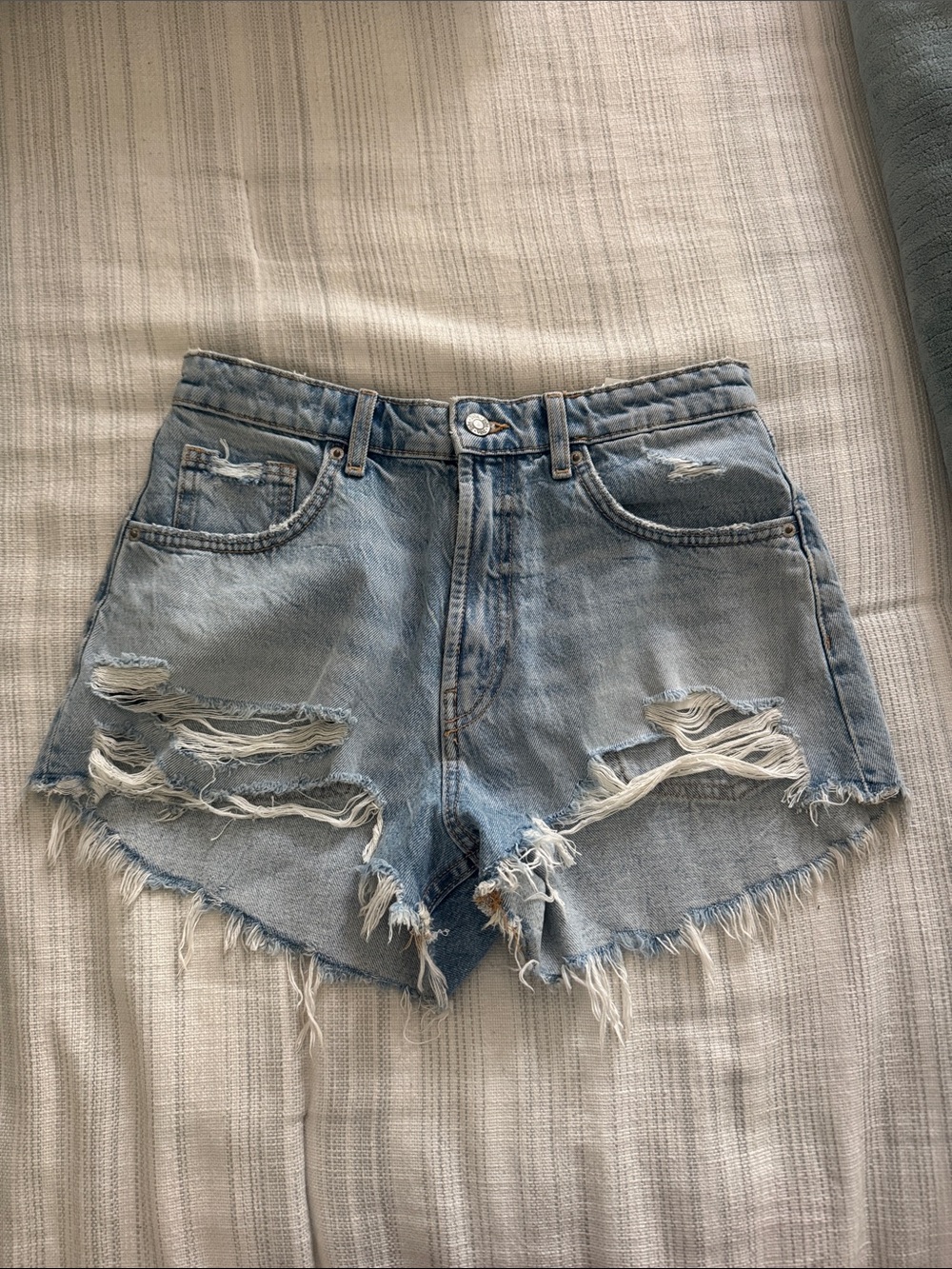 Zara Light Blue Distressed Denim Cutoff Shorts